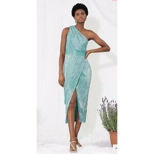 $275 SAYLOR Alorna One-Shoulder Metallic Green Midi Dress Stretch Women Medium